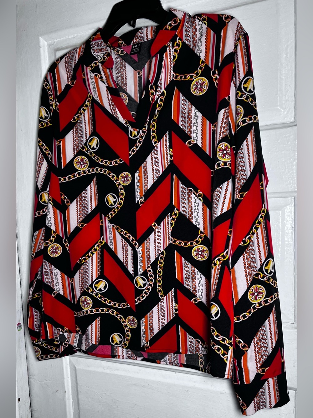 SHEIN Red Black Chevron Chain-Print Button Down Shirt